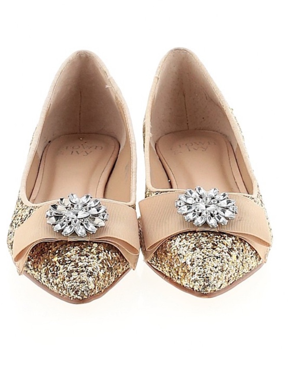 NWOT Crown & Ivy Gold Glitter Pointed Flats with Beige Bow and Crystal Brooch